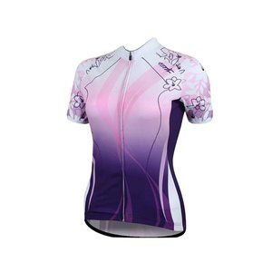 Santon Womens Full Zip Cycling Shirt Back Pockets L Pink Purple Floral EUC